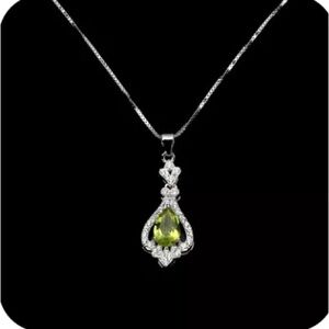 Necklace 925 Silver Green Unheated Pear Peridot 8x5 Simulated CZ 18 inch
